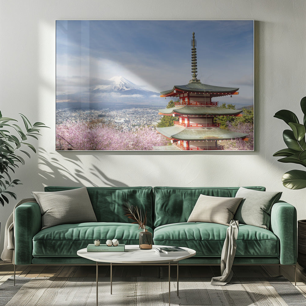 Magnificent view of Mount Fuji with Chureito Pagoda during cherry blossom season Poster