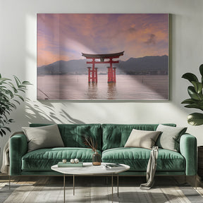 Vermilion Torii of Itsukushima Shrine on Miyajima at sunset Poster