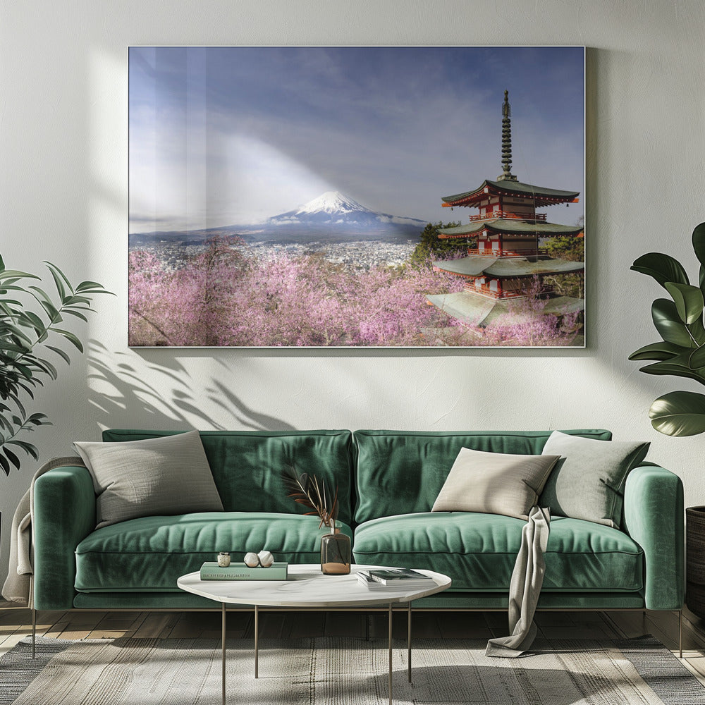 Magnificent panoramic view of Mount Fuji with Chureito Pagoda during cherry blossom season Poster