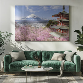 Picturesque view of Mount Fuji with Chureito Pagoda during cherry blossom season Poster