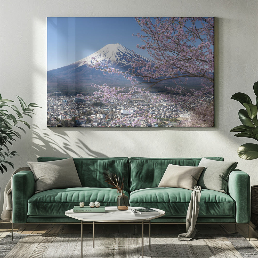 Picturesque view of Mount Fuji during cherry blossom season Poster