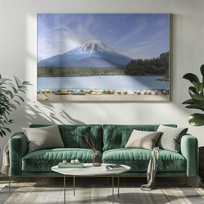 Idyllic Lake Shoji with majestic Mount Fuji Poster