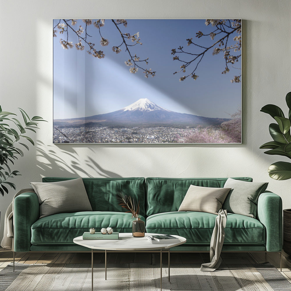 Fantastic panoramic view of Mount Fuji with cherry blossoms Poster