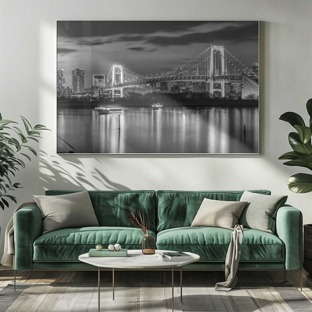 Charming Rainbow Bridge and Tokyo Skyline at sunset - monochrome panorama Poster