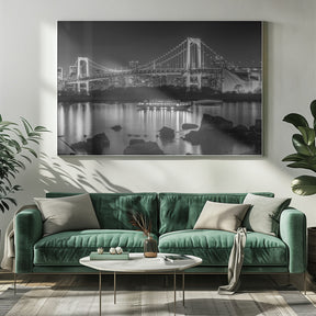 Striking Rainbow Bridge with Tokyo Skyline in the evening - monochrome panorama Poster