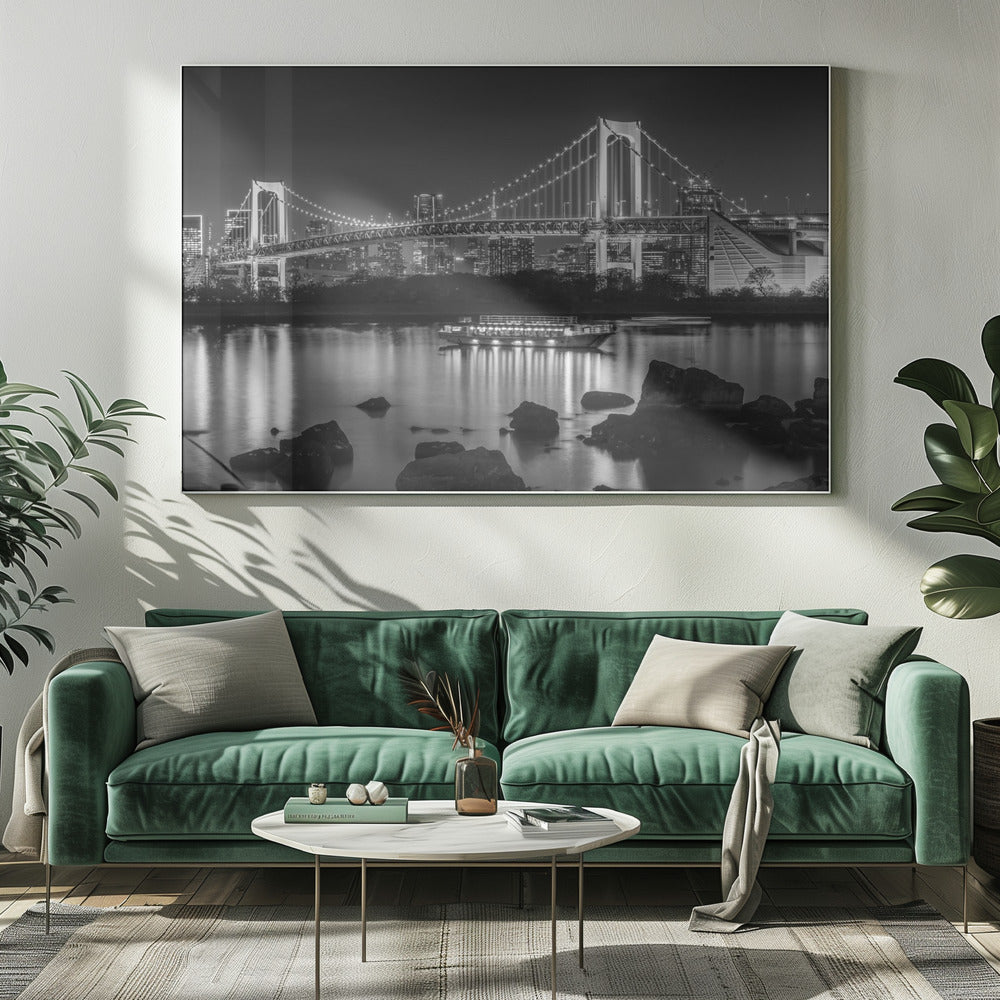 Charming Rainbow Bridge with Tokyo Skyline in the evening - monochrome panorama Poster