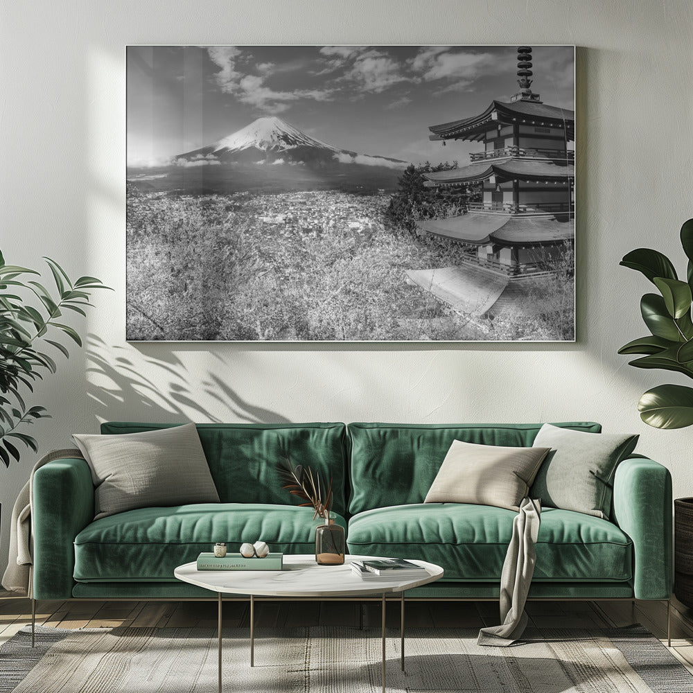 Gorgeous panoramic view of Mount Fuji with Chureito Pagoda during cherry blossom season - monochrome Poster