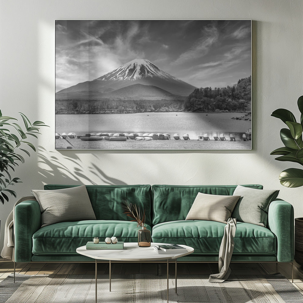 Idyllic Lake Shoji with majestic Mount Fuji - monochrome Poster