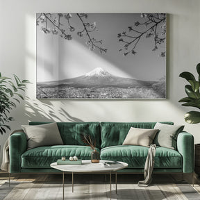 Fantastic panoramic view of Mount Fuji with cherry blossoms - monochrome Poster