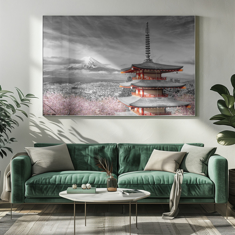 Magnificent view of Mount Fuji with Chureito Pagoda during cherry blossom season - colorkey Poster