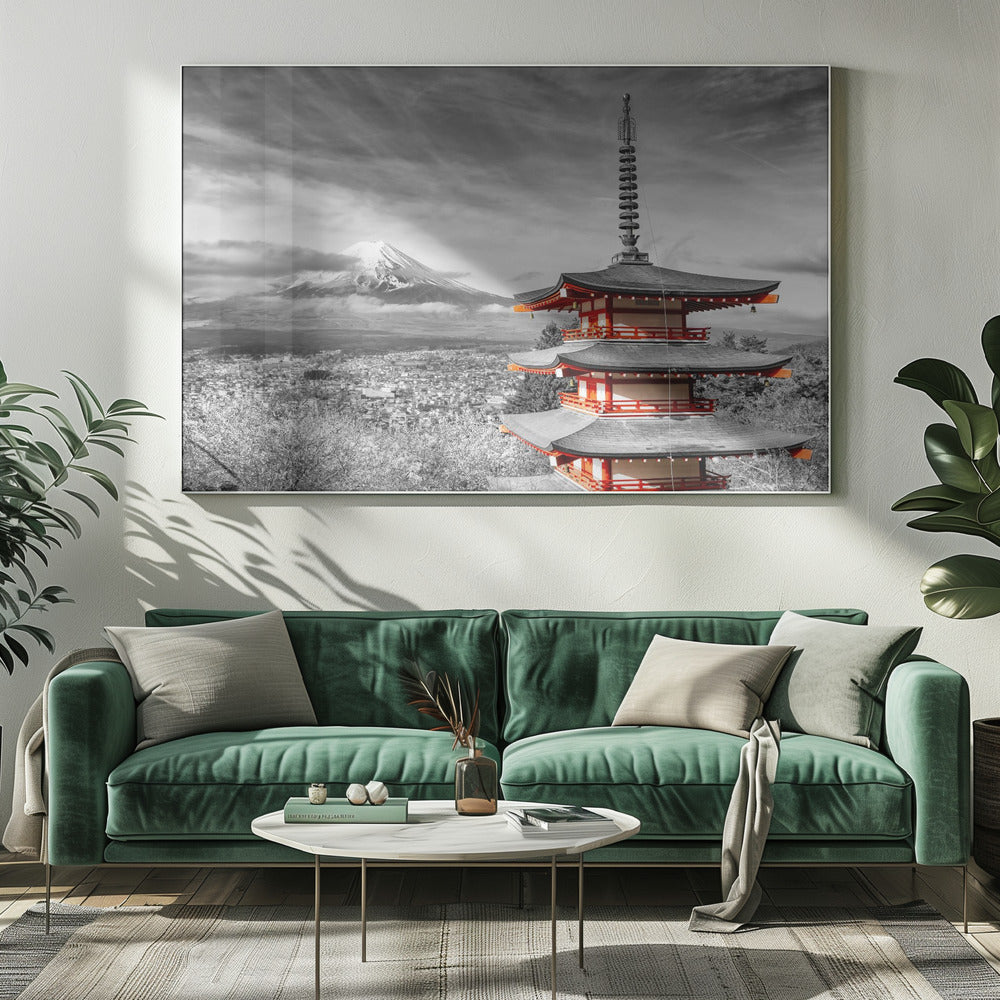 Magnificent view of Mount Fuji with Chureito Pagoda - colorkey Poster