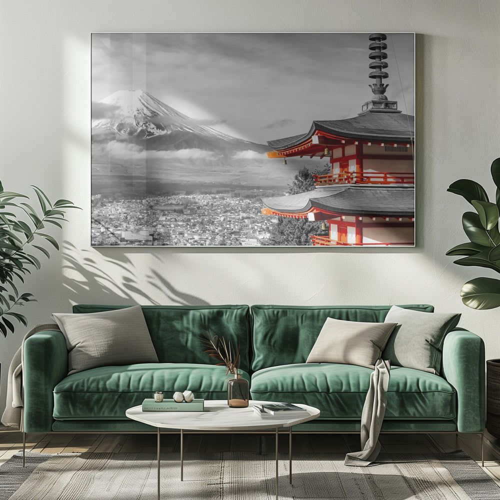 Unique panoramic view of Mount Fuji with Chureito Pagoda - colorkey Poster