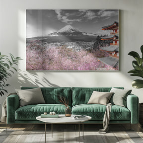 Idyllic panoramic view of Mount Fuji with Pagoda and Cherry Trees - colorkey Poster