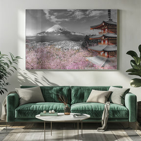 Lovely view of Mount Fuji with Pagoda and Cherry Trees - colorkey Poster