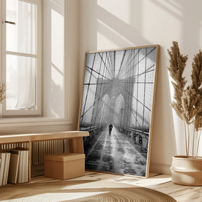 New York Walker in Blizzard - Brooklyn Bridge Poster