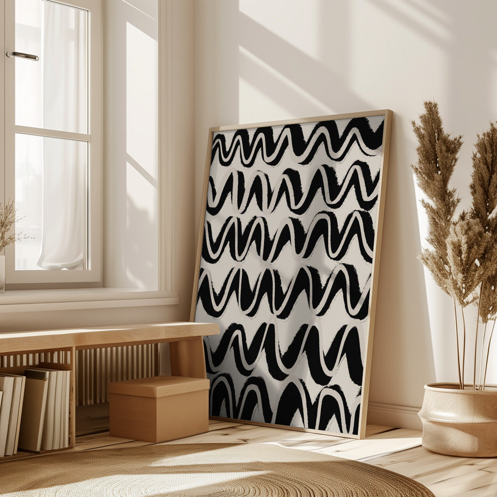 Beige Black Waves Pattern Poster