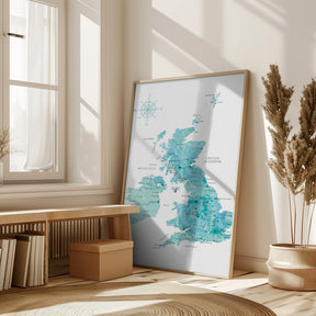 Aquamarine watercolor map of the United Kingdom Poster