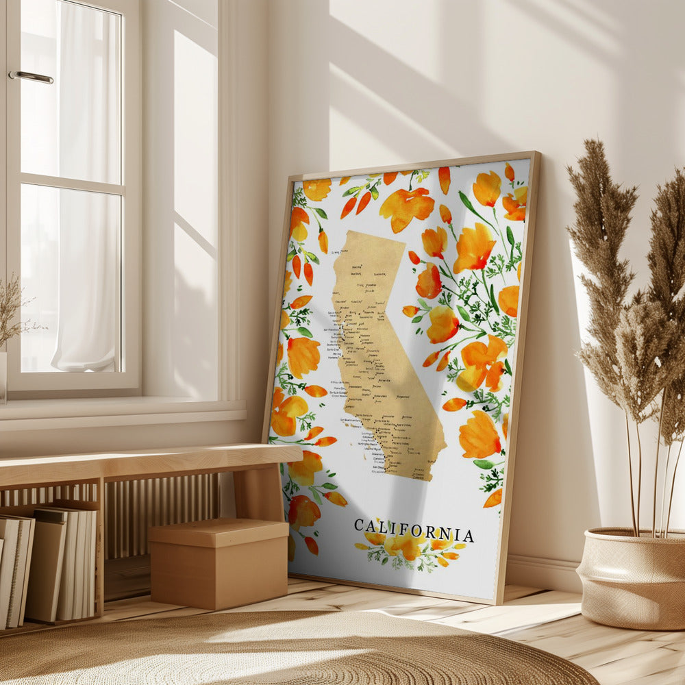 California map with watercolor poppies Poster