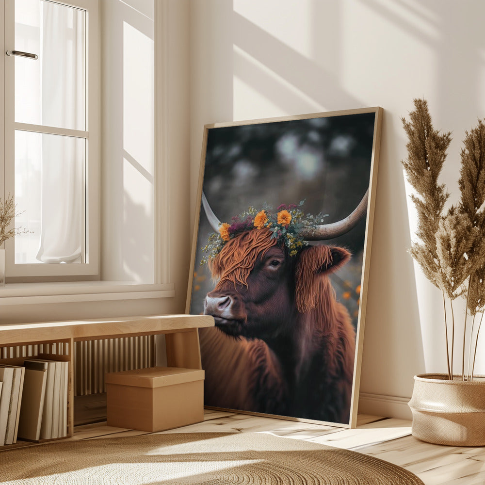 Highland Cow With Flowers Poster