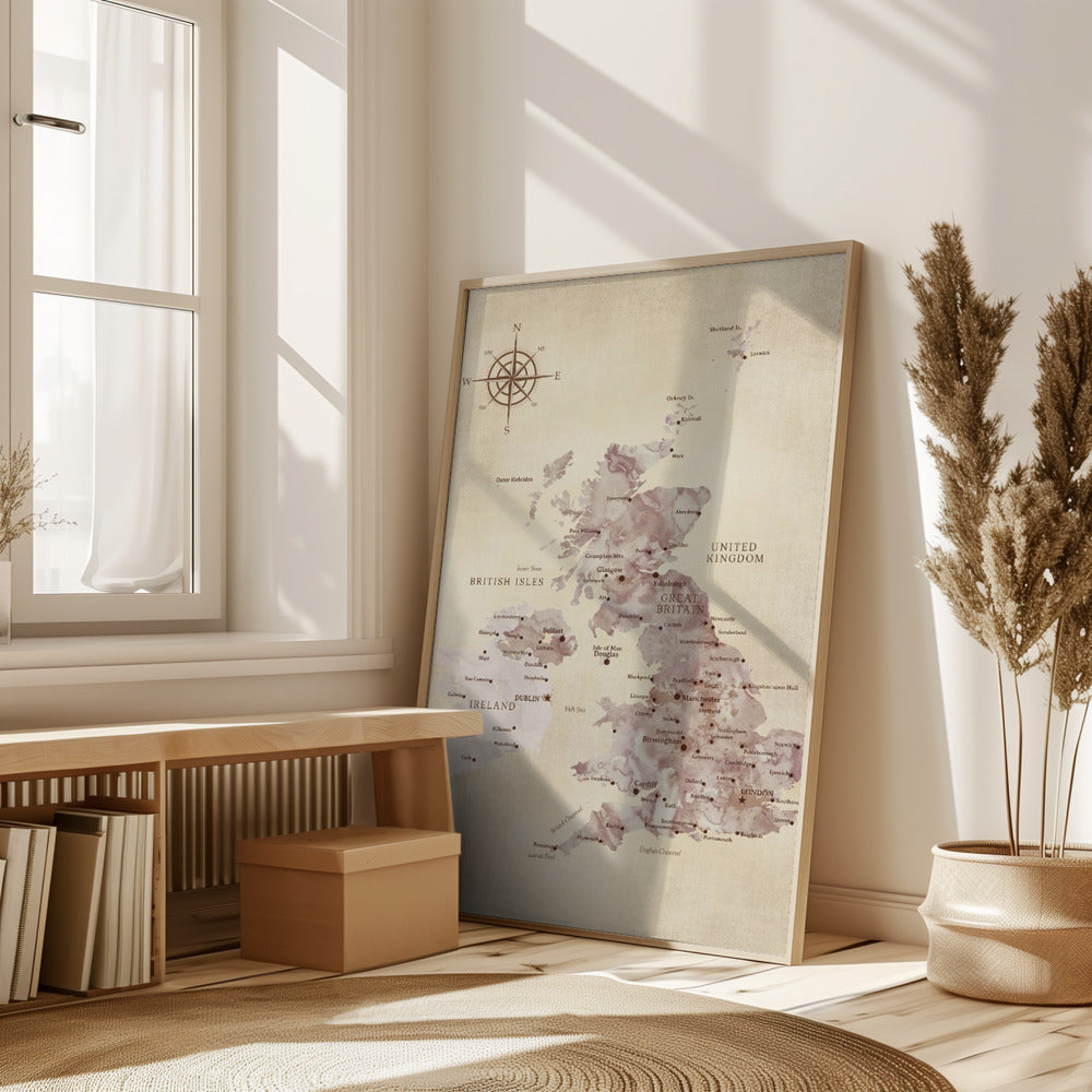 Sepia map of the United Kingdom Poster