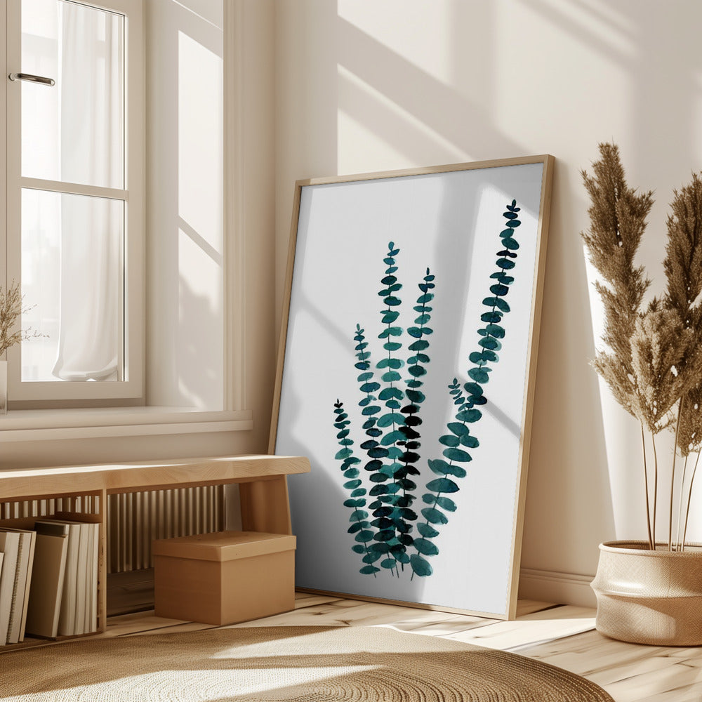 Teal watercolor eucalyptus I Poster