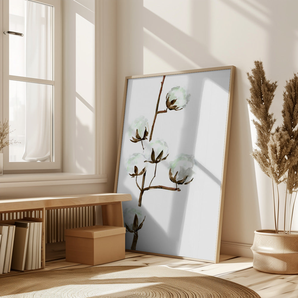 Watercolor cotton branch I Poster