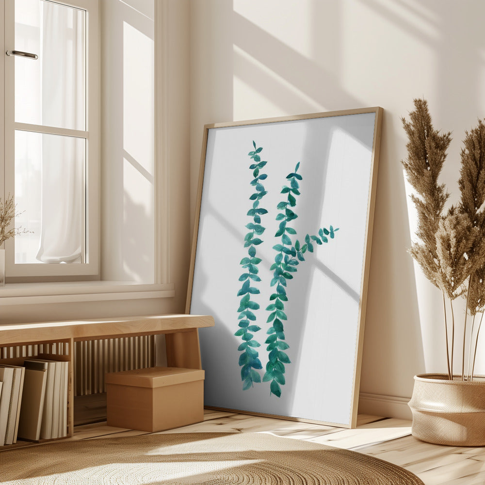 Watercolor eucalyptus branches in teal Poster