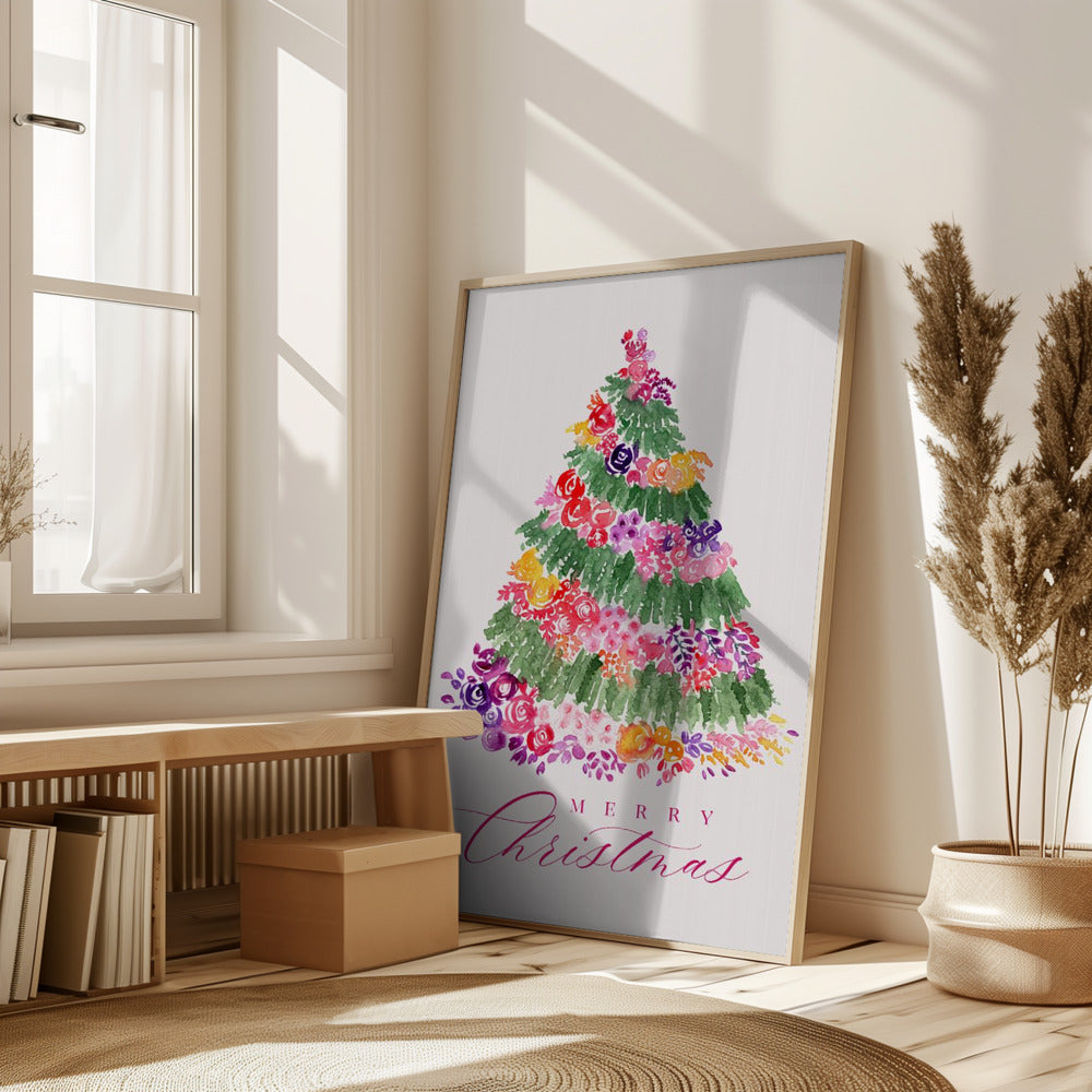 Floral watercolor merry Christmas tree Poster