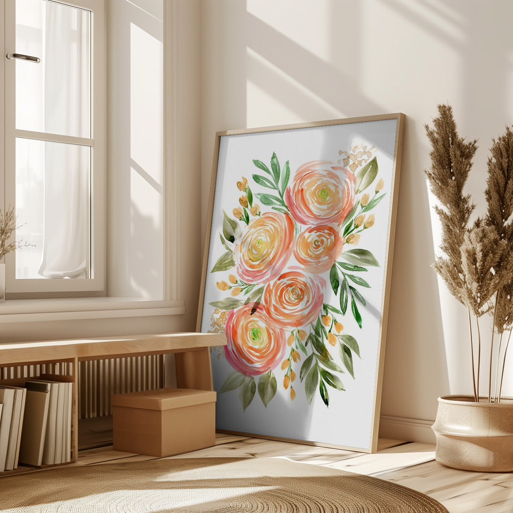 Begonia ranunculus bouquet in coral Poster