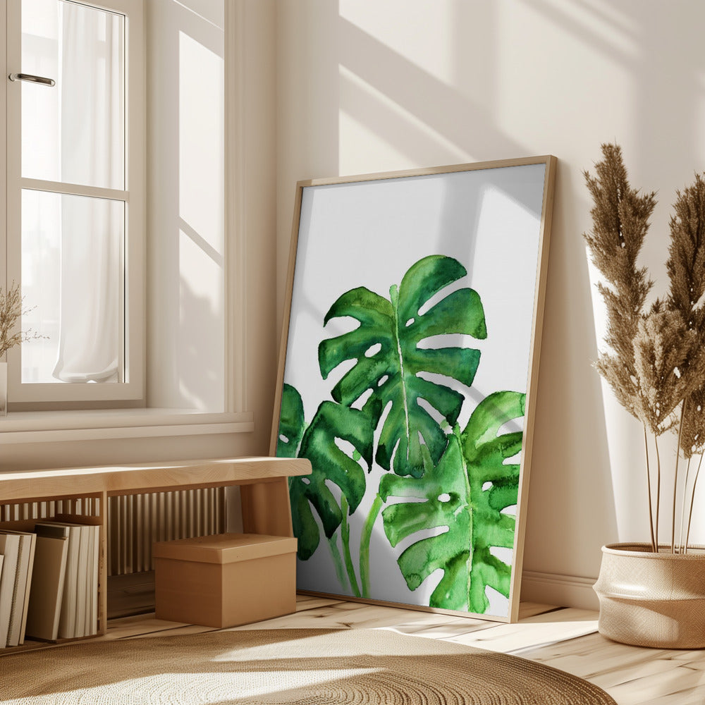 Monstera leaves in loose watercolor Poster