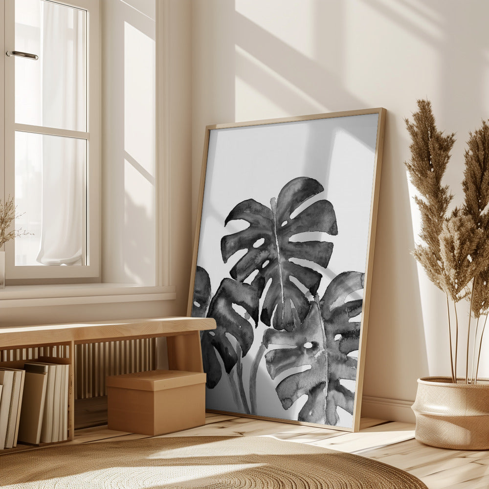 Monstera Leaves In Loose Watercolor Black and White Poster