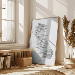 Grayscale watercolor map of California with cities Poster