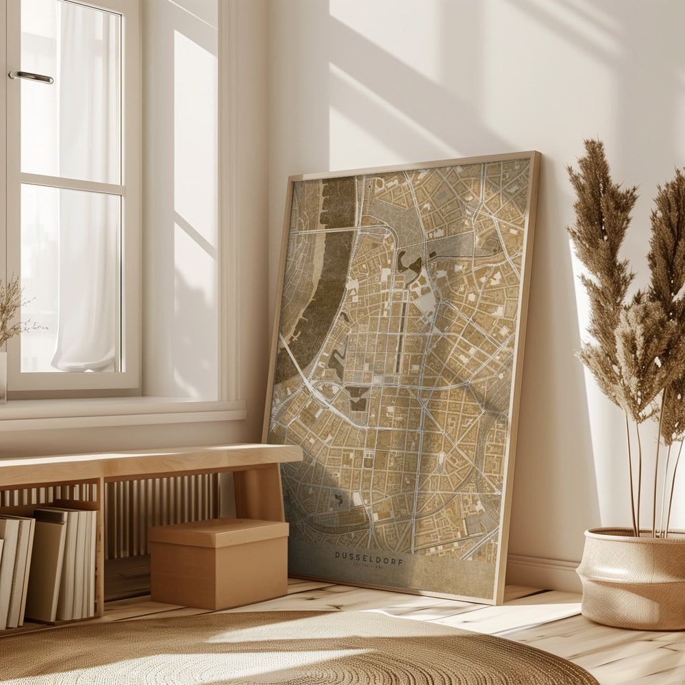 Sepia vintage map of Düsseldorf downtown Germany Poster