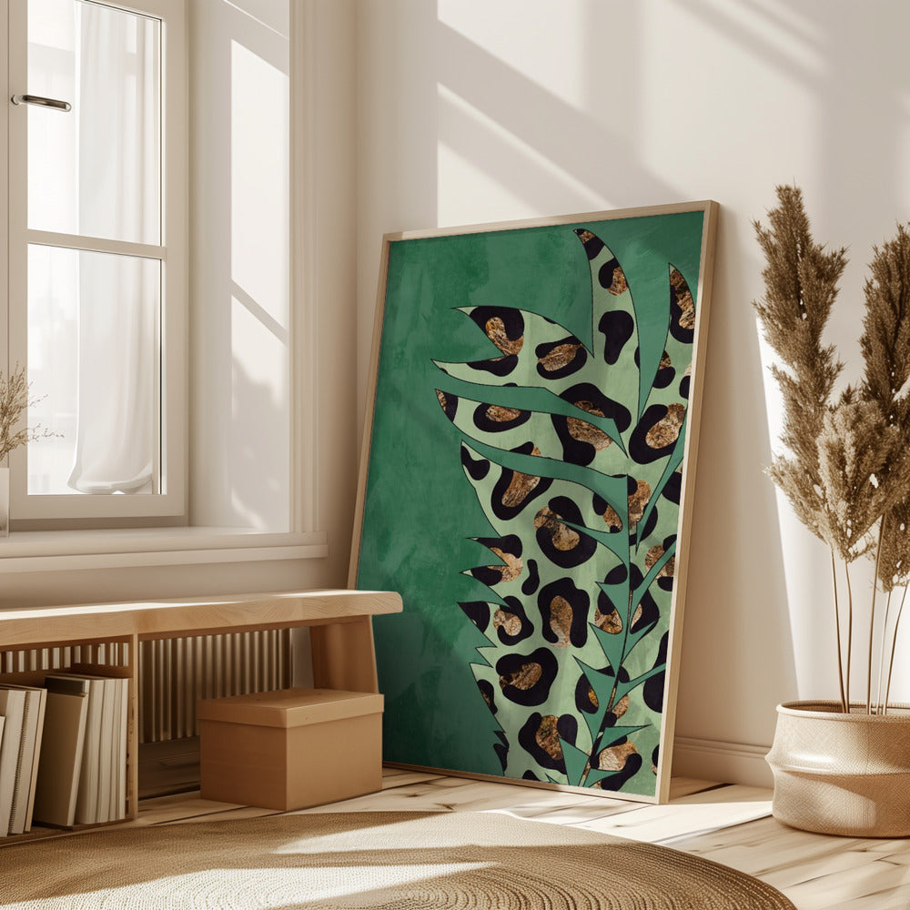 Green leopard print palm leaf Poster