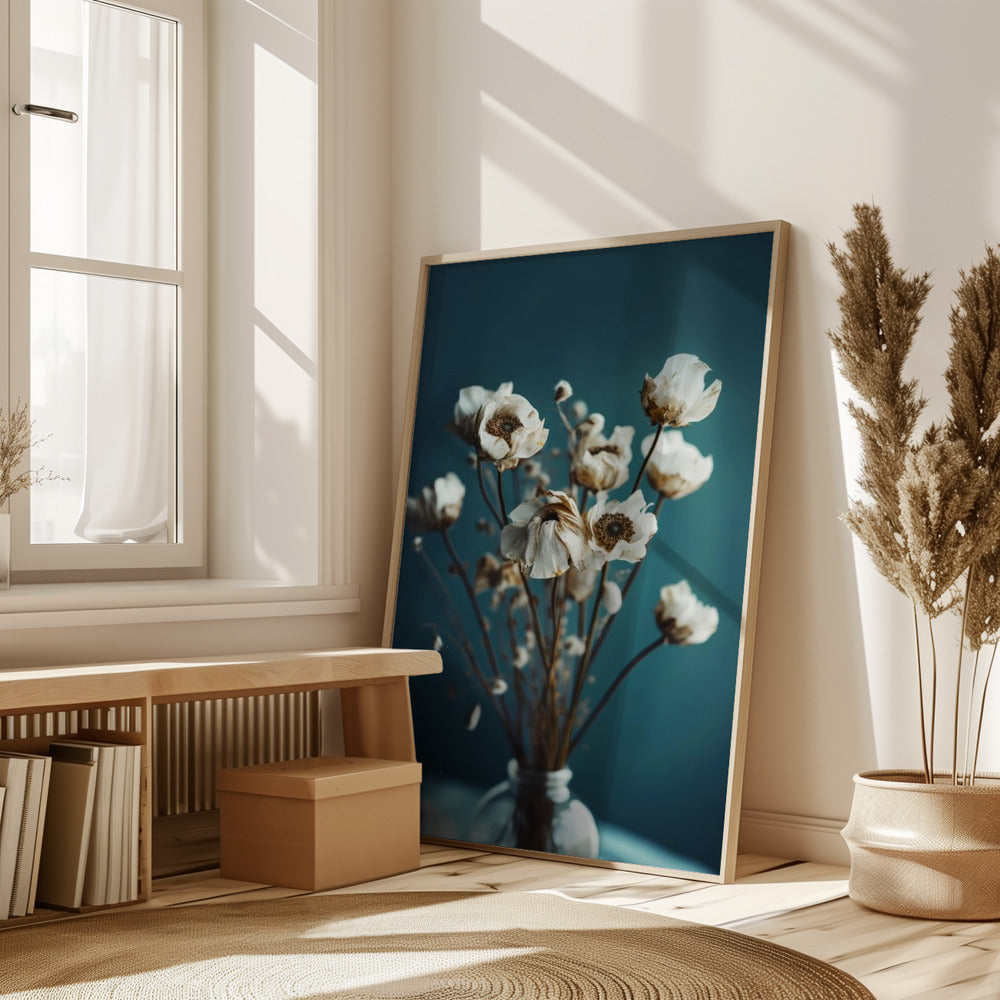 White Flowers On Turquoise Background Poster