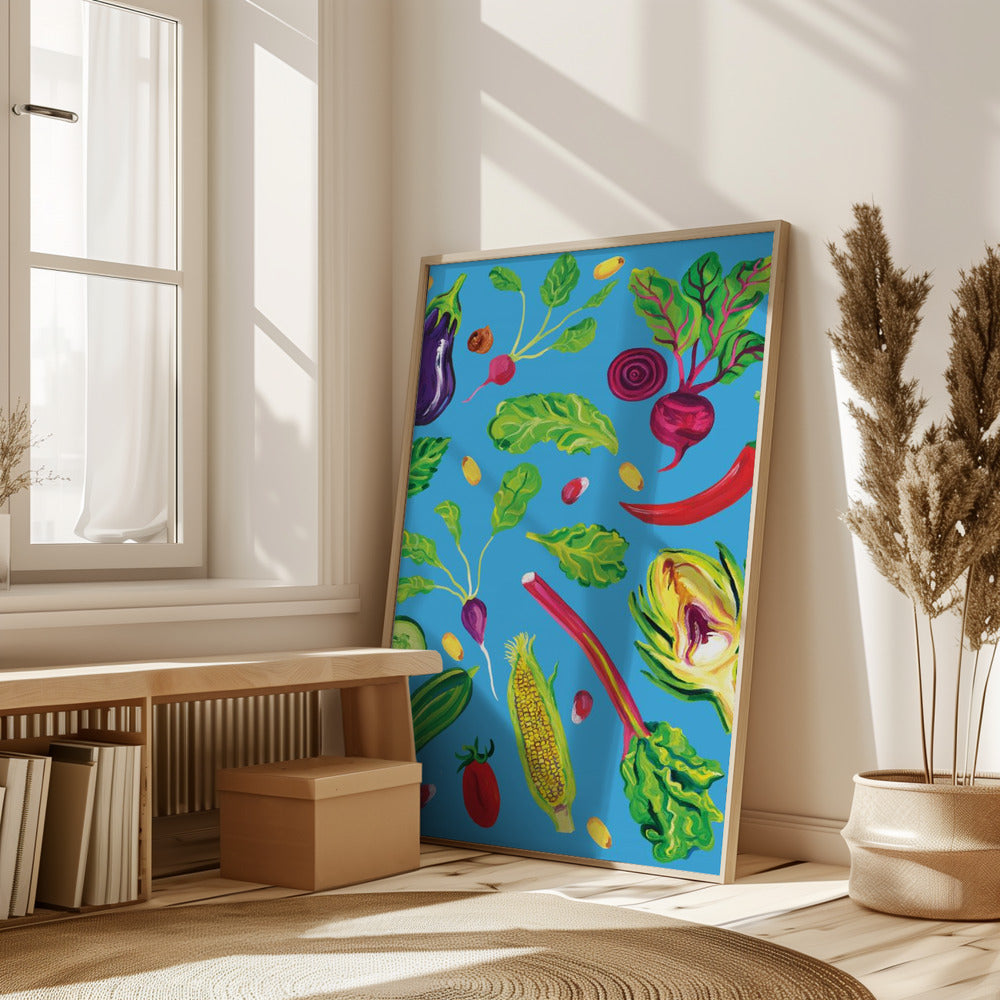 Spring Vegetables Blue Poster