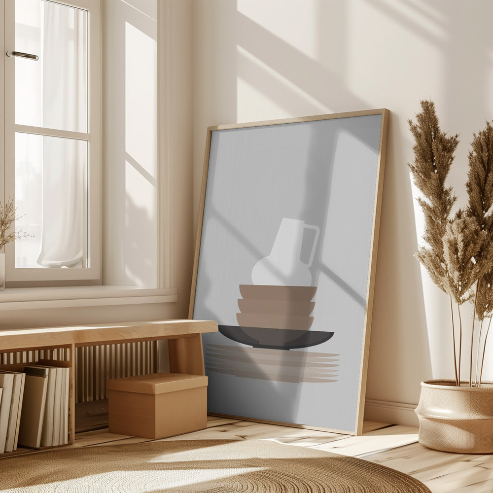 Dishes and vase in gray Poster