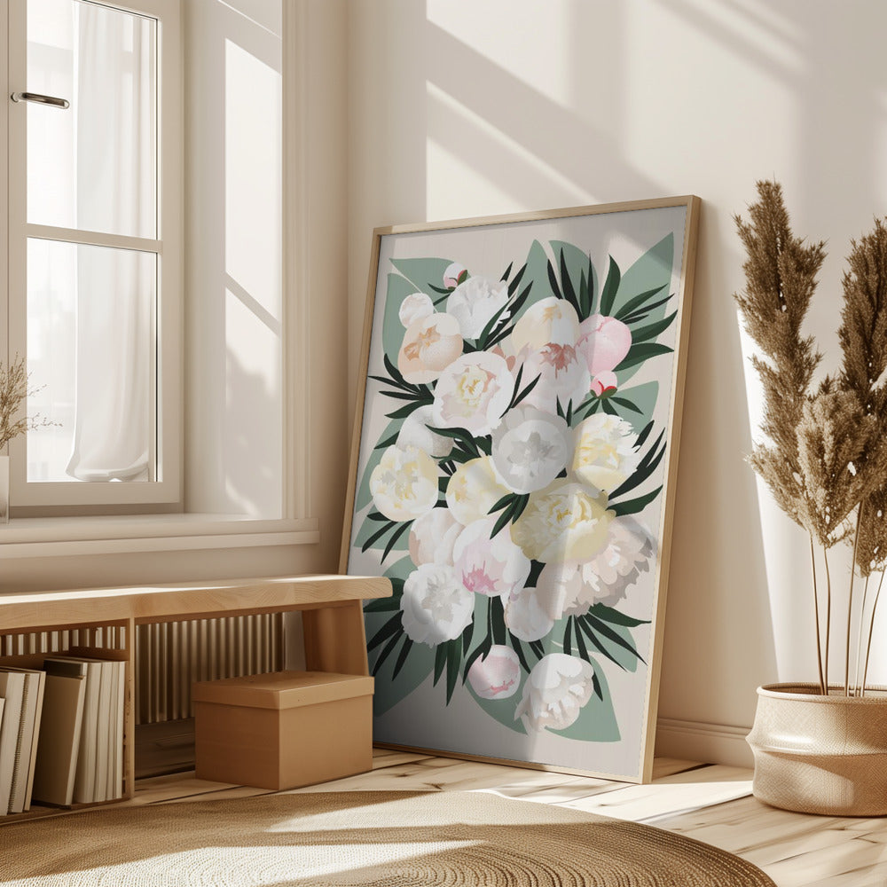 Dara bouquet with leaves and peonies Poster