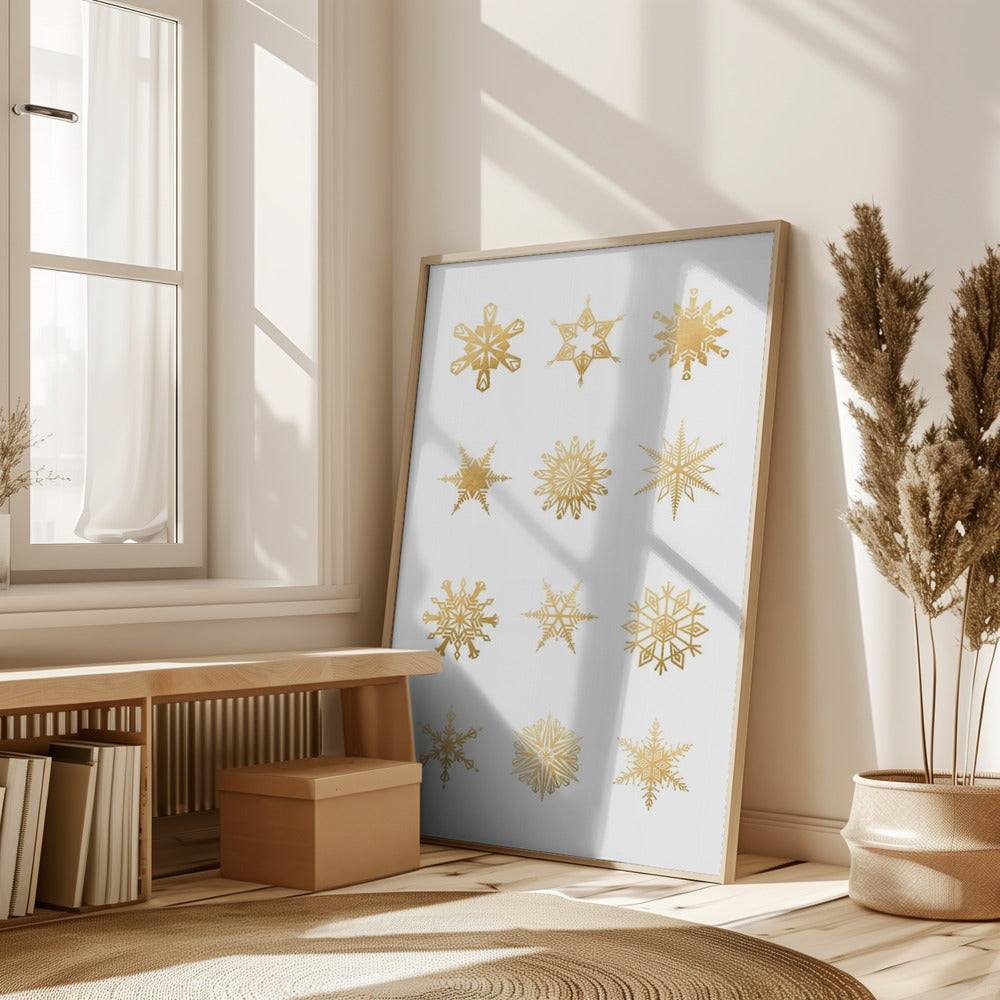 Twelve geometric snowflakes in gold Poster