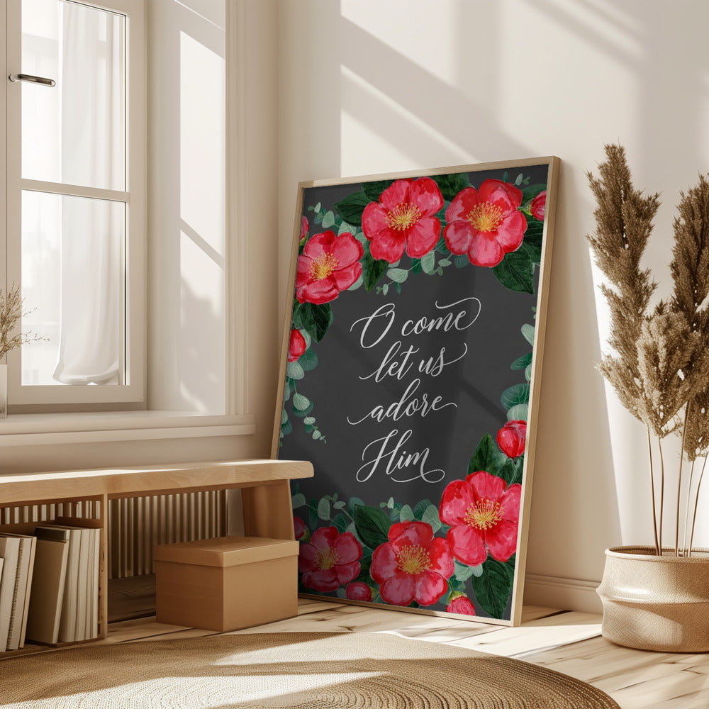 Watercolor camellias Let us adore Him Poster