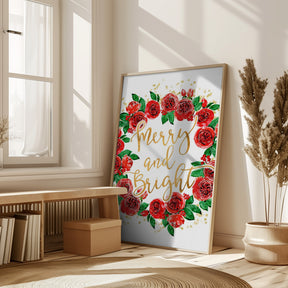 Merry and bright wreath of red English roses Poster