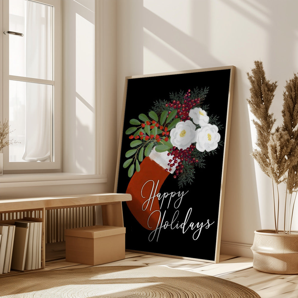 Floral Stocking Happy holidays in black Poster