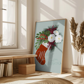 Floral Stocking Merry Christmas in mint Poster