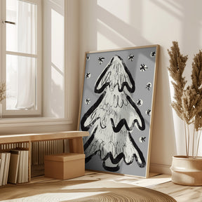 Christmas Tree And Snow Grey Poster