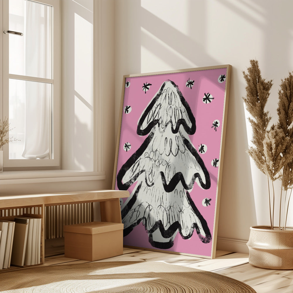 Christmas Tree And Snow Pink Poster