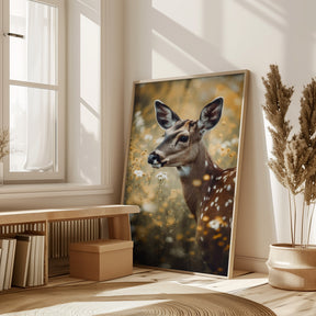 Deer In Flower Field Poster