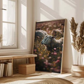 Sheeps In Flower Field Poster