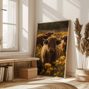 Highland Cows In Flower Field No 2 Poster