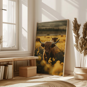 Highland Cows In Flower Field Poster