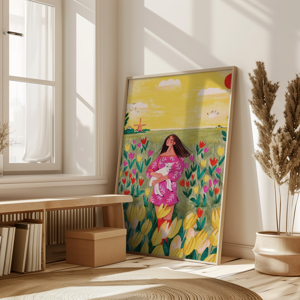 Woman in spring tulip field Poster